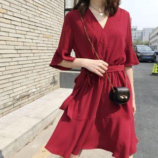 Flared-sleeve Tie-waist Midi A-line Dress