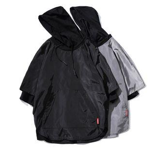 Set: Drawstring Elbow-sleeve Hoodie + Crew-neck Elbow-sleeve Pullover