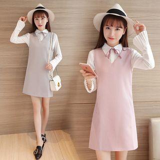 Set: Pleated Trim Shirt + Pinafore Dress