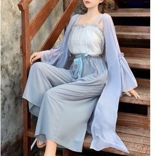 Sleeveless Frill Trim Chiffon Top / Cropped Wide-leg Pants / Light Jacket