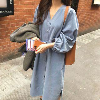 Long-sleeve Corduroy Maxi A-line Dress Grayish Blue - One Size