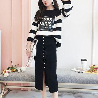 Set: 3/4-sleeve Lettering Sweater + Midi Skirt