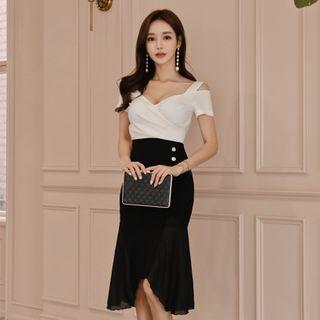 Short-sleeve Cold Shoulder Two-tone Mermaid Dress