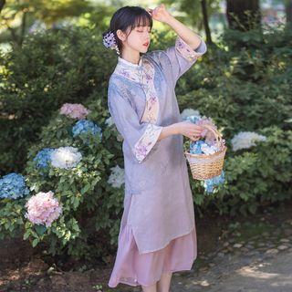 Set: 3/4-sleeve Floral Cheongsam + Slipdress
