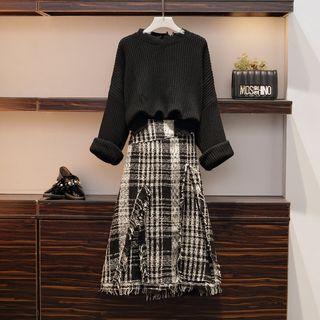 Set: Distressed Sweater + Plaid Midi A-line Skirt