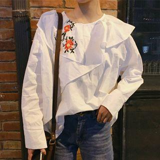 Floral Embroidered Ruffled Long-sleeve Blouse