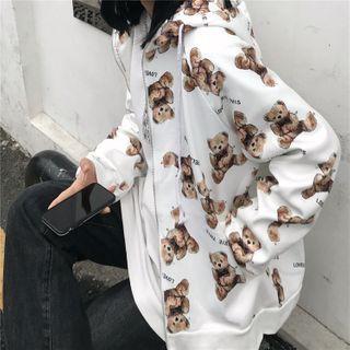 Bear Hood Zip Jacket Bear Print - White - One Size