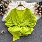 V-neck Accordion Pleat Ruffle Lace-up Strap Chiffon Top