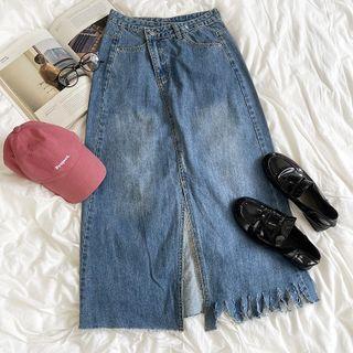 High-waist Asymmetrical Hem Denim Midi Skirt