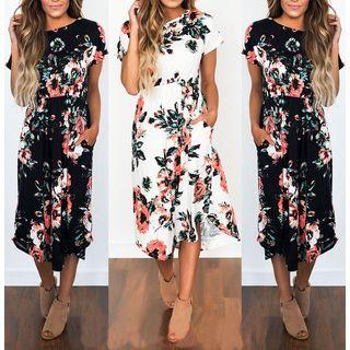 Printed Short Sleeve Midi A-line Dress