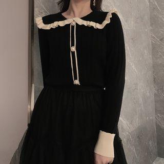 Ruffle Trim Knit Top Black - One Size