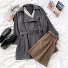 Long-sleeve Plain Tie-waist Jacket Gray - One Size