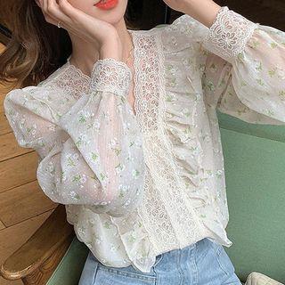 Lace Panel Floral Ruffle Trim Blouse