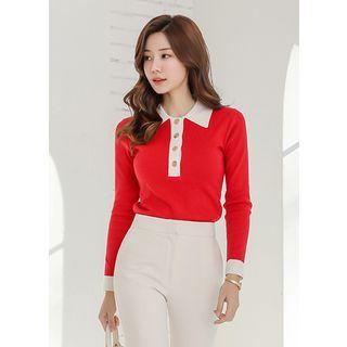 Piped Button-detail Polo Knit Top