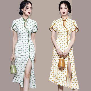 Short-sleeve Floral Midi Sheath Qipao Dress