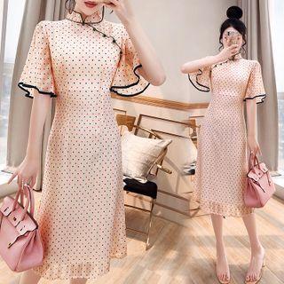 Elbow-sleeve Dotted Chiffon Qipao Dress