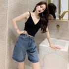 V-neck Sleeveless Cropped Top / High-waist Wide-leg Denim Shorts
