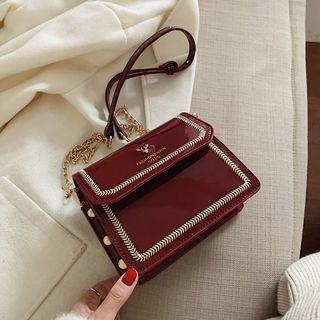 Embroidered Trim Patent Flap Crossbody Bag