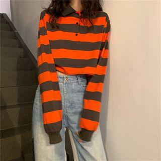 Striped Polo-neck Cropped Sweatshirt