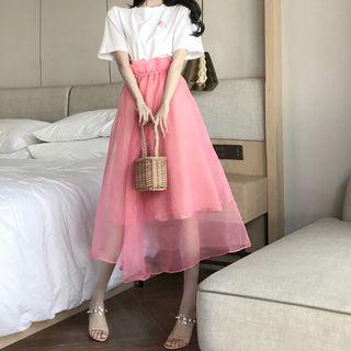 Print Short-sleeve T-shirt / Mesh Midi A-line Skirt / Set
