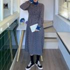Long-sleeve Turtle Neck T-shirt / Floral Print Midi A-line Dress