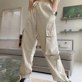 Low Waist Drawstring Loose-fit Wide-leg Cargo Pants