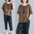 Floral Print Short-sleeve Linen T-shirt Coffee - One Size