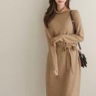 High-neck Long Knit Dress With Sash