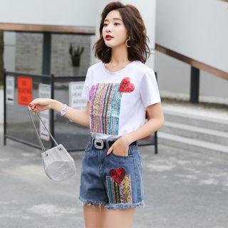 Set: Short-sleeve Sequin T-shirt + Sequin Denim Shorts
