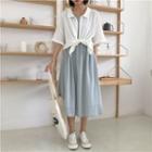 Elbow-sleeve Shirt / Sleeveless Crinkled A-line Midi Dress
