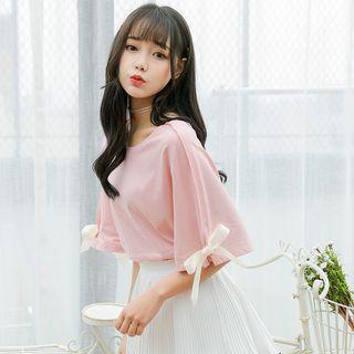 Elbow-sleeve Bow-accent T-shirt