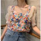Puff-sleeve Mesh Top / Floral Camisole Top