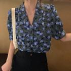 Short-sleeve Floral Print Open-collar Shirt Floral - Blue - One Size