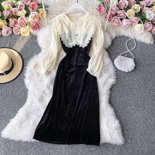 Lace Trim Collared Long-sleeve Midi A-line Velvet Dress