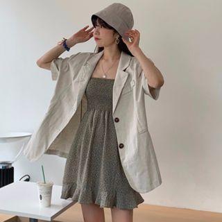 Short-sleeve Blazer + Spaghetti Strap Floral Print Dress