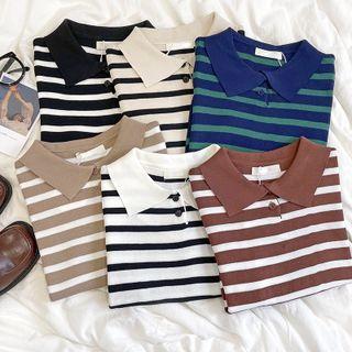 Striped Knit Polo Crop Top