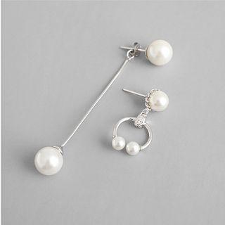 Non-matching 925 Sterling Silver Faux Pearl Dangle Earring 1 Pair - Platinum - One Size
