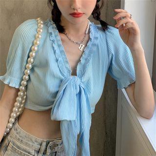 Cropped V-neck Ruffle Trim Lace-up Top Blue - M