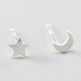 925 Sterling Silver Brushed Moon & Star Earring