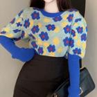 Round-neck Panel Flower Pattern Long-sleeve Sweater