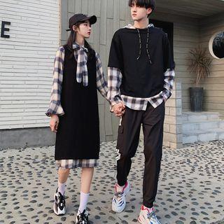 Couple Matching Plaid Hoodie / Pants / Midi Shirtdress / Pinafore Dress / Set