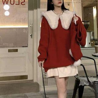 Long-sleeve Doll Collar Fluffy Trim A-line Dress
