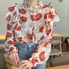 Long-sleeve Ruffled Floral Print Chiffon Blouse As Shown In Figure - One Size