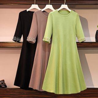 Elbow-sleeve Beaded A-line Dress