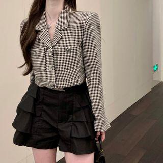 Houndstooth Cropped Blazer / Layered Mini A-line Skirt