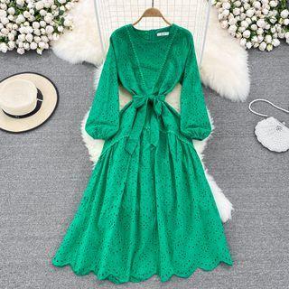 Puff Sleeve Eyelet Bow Detail Maxi Dress