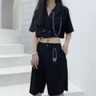 Short-sleeve Chained Double Breasted Crop Top / Wide-leg Shorts