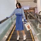 Set: Striped Cropped Pullover + Spaghetti-strap A-line Dress