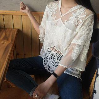 Elbow-sleeve Chiffon See Through Top
