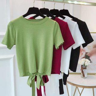 Short-sleeve Drawstring Plain Knit Top